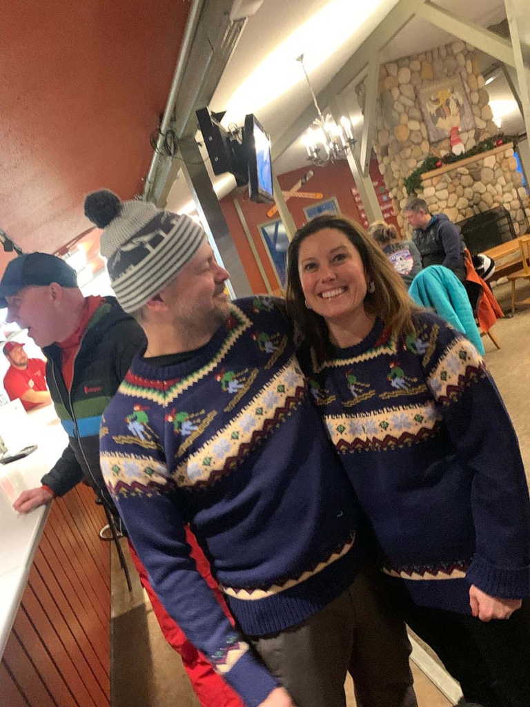 Ski enthusiasts Fletcher and Michael in their cute couple matching sweaters